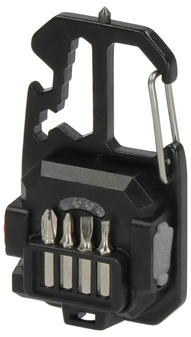 Ein schwarzes Multitool mit Karabiner-Design, das mehrere Schraubenzieherbits im Griff aufbewahrt.