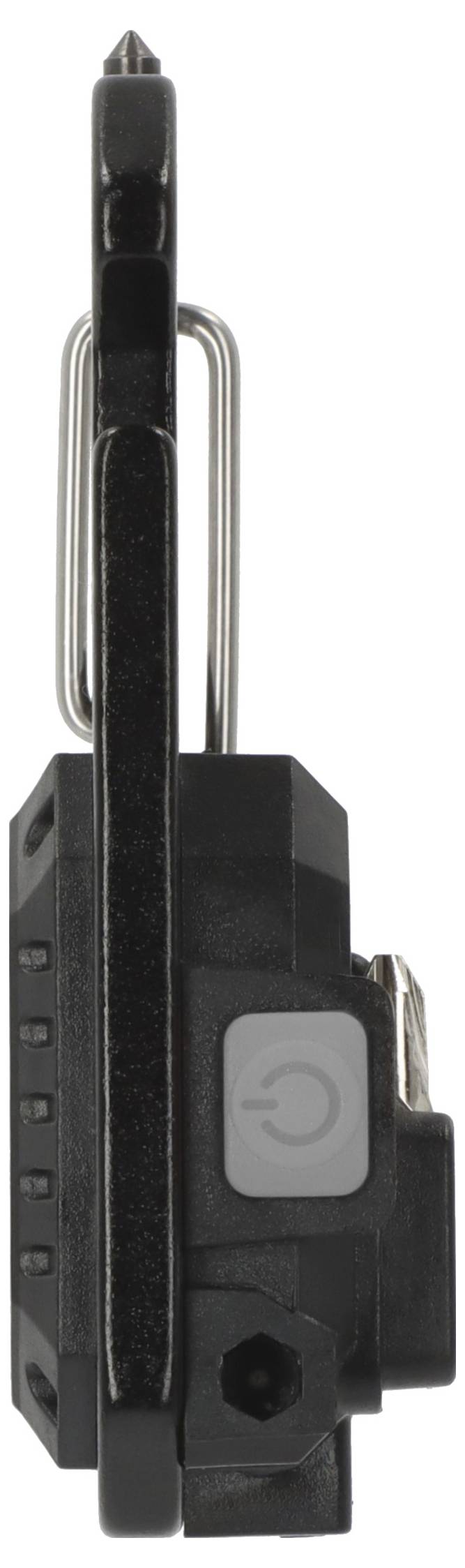 Seitenansicht eines schwarzen und grauen elektronischen Geräts mit einem Einschalter an der Seite und einer Metallklammer, die an der Oberseite befestigt ist.