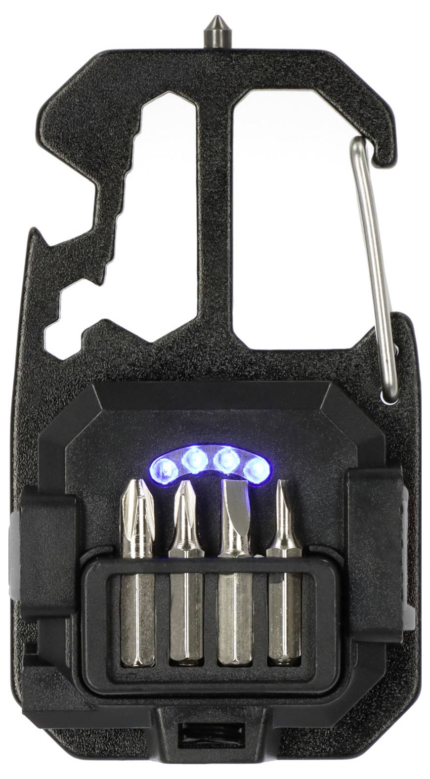 Multifunktionales Gerät mit Karabinerhaken, vier Schraubenzieherbits und LED-Licht für verbesserte Sichtbarkeit.