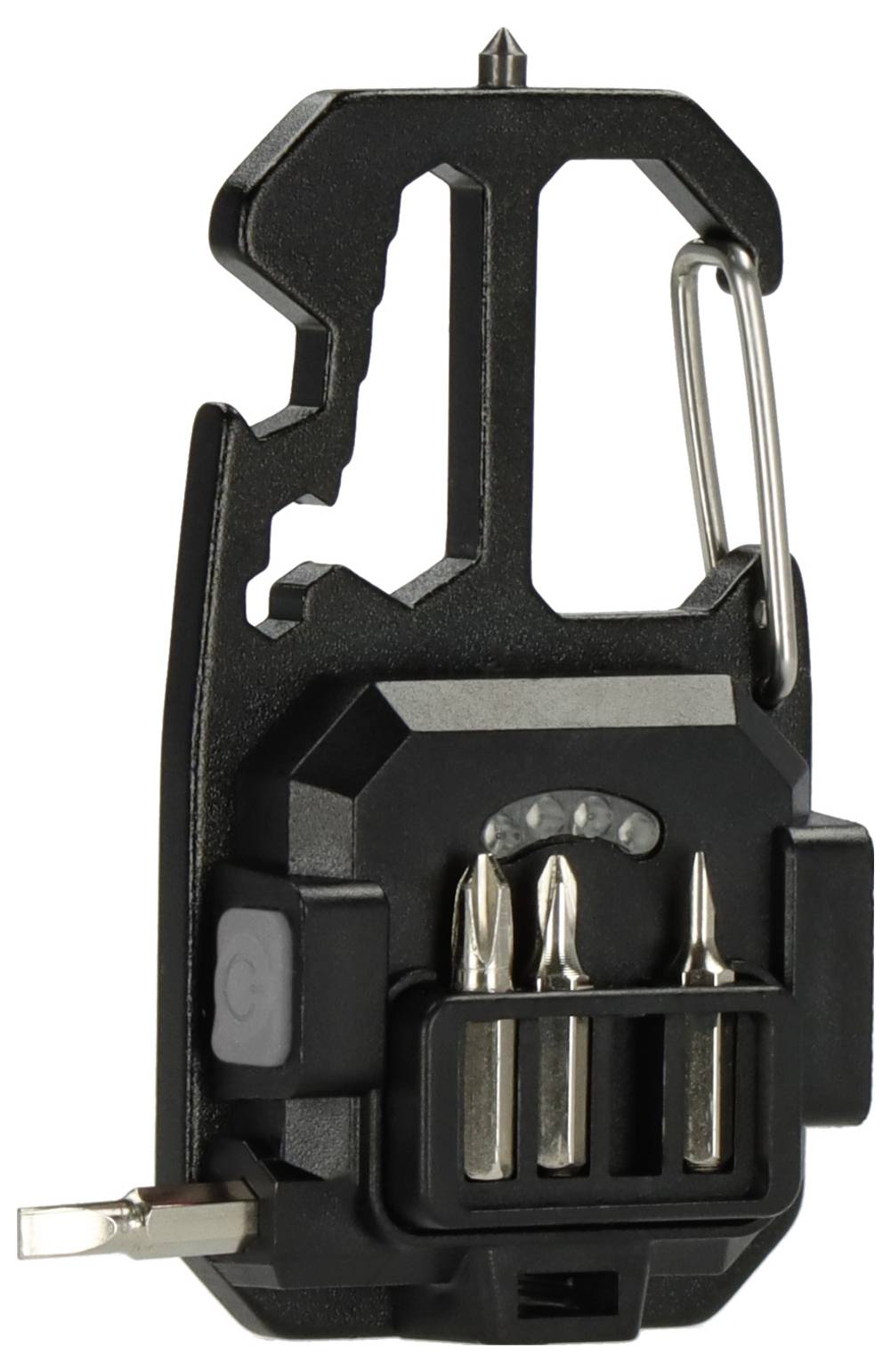 Ein schwarzes Multitool mit Flaschenöffner, Karabinerhaken und Schlitzen für auswechselbare Schraubendreher-Bits.
