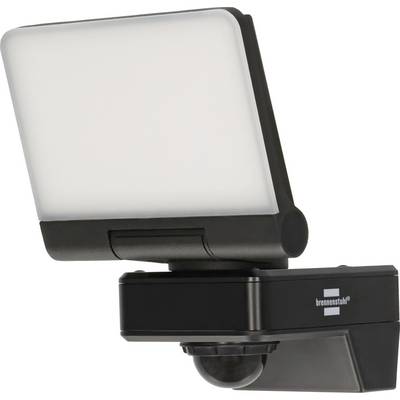 Eine schwarze LED-Flutlichtleuchte mit einer rechteckigen weißen Lichtplatte, montiert auf einem verstellbaren Halterung für gerichtete Beleuchtung.