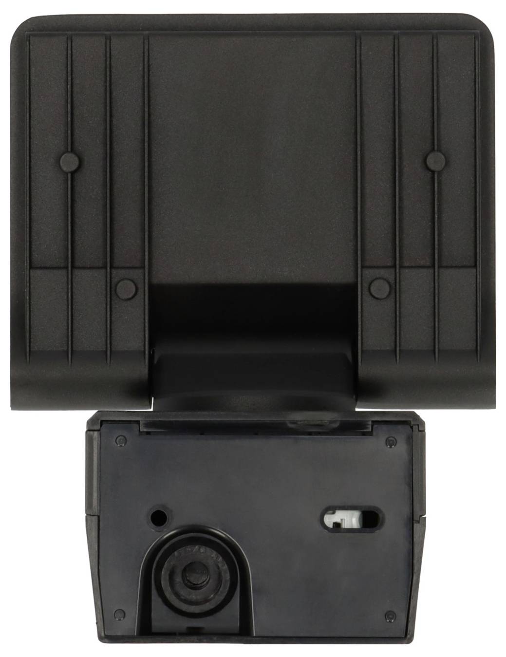 Ein schwarzes, rechteckiges elektronisches Gerät mit Kamera und Objektiv. Die Rückseite weist vertikale Rillen und sichtbare Schrauben auf.