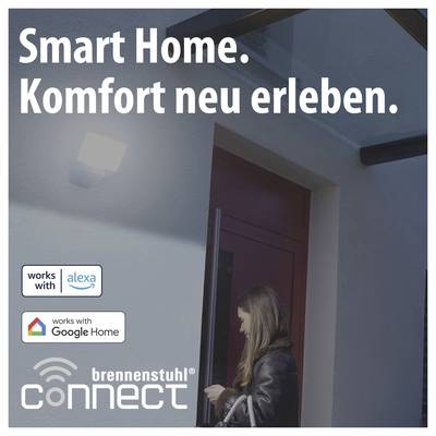 Werbebanner für Smart Home: Frau am Hauseingang, Slogan 'Smart Home. Komfort neu erleben.', Logos für Alexa, Google Home und brennenstuhl connect.<br>