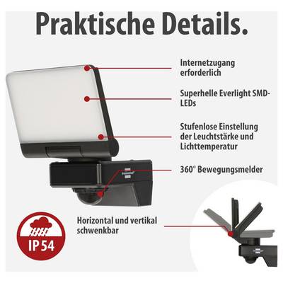 Infografik einer beweglichen Außenleuchte mit den Merkmalen: Internetzugang erforderlich, superhelle Everlight-SMD-LEDs, stufenlose Helligkeits- und Farbtemperaturregelung, 360°-Bewegungsmelder, horizontal und vertikal schwenkbar, IP54.<br>