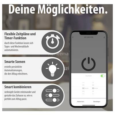 Werbegrafik „Deine Möglichkeiten“: zeigt Smartphone-Steuerung für Smart-Home mit Timer, smarten Szenen und Geräteverknüpfung.