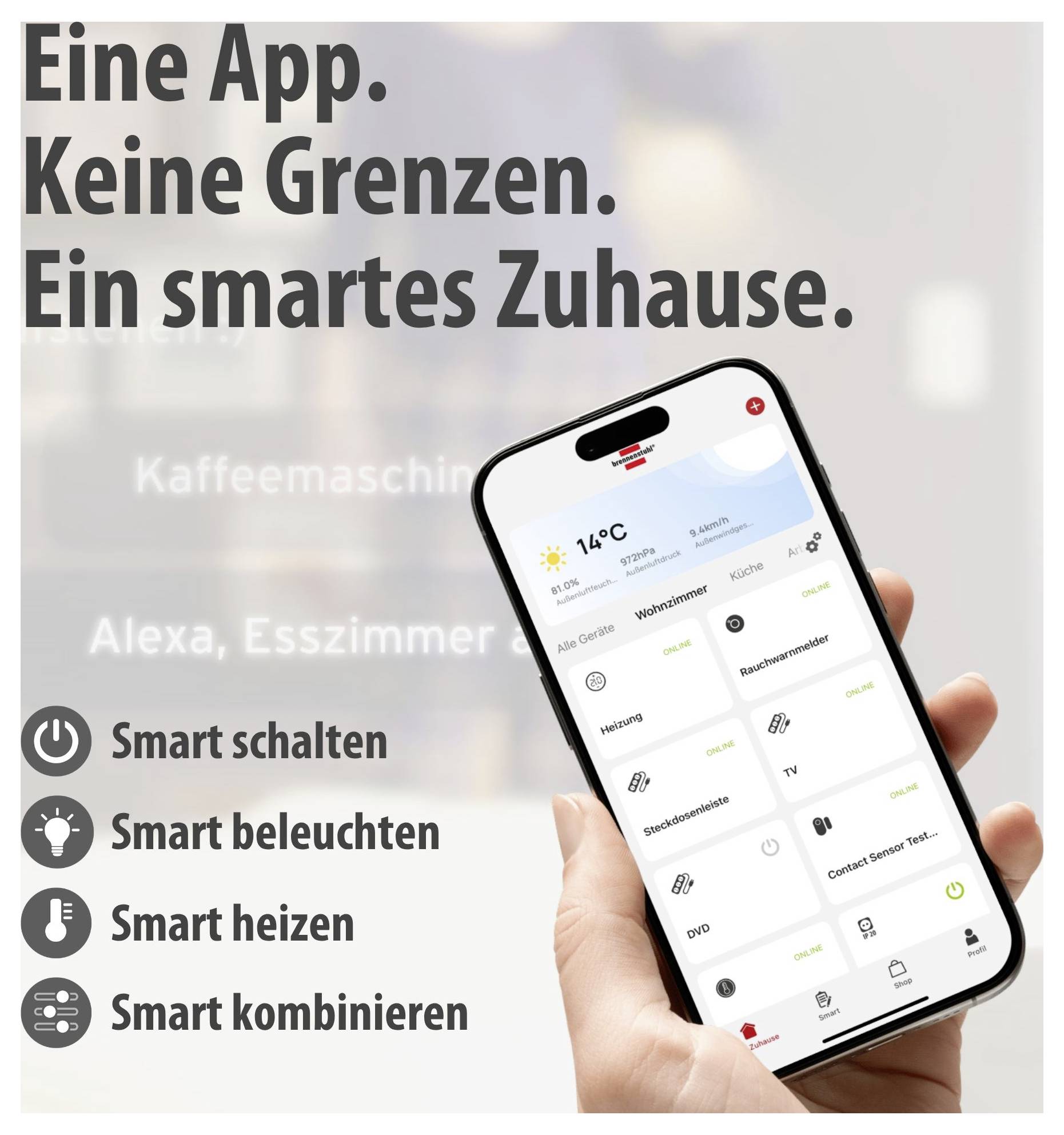 Werbeanzeige für eine Smart-Home-App: Hand hält Smartphone mit Steuerung für Geräte wie Licht und Heizung; Text: 'Eine App. Keine Grenzen. Ein smartes Zuhause.'<br>
