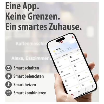Werbeanzeige für eine Smart-Home-App: Hand hält Smartphone mit Steuerung für Geräte wie Licht und Heizung; Text: 'Eine App. Keine Grenzen. Ein smartes Zuhause.'<br>