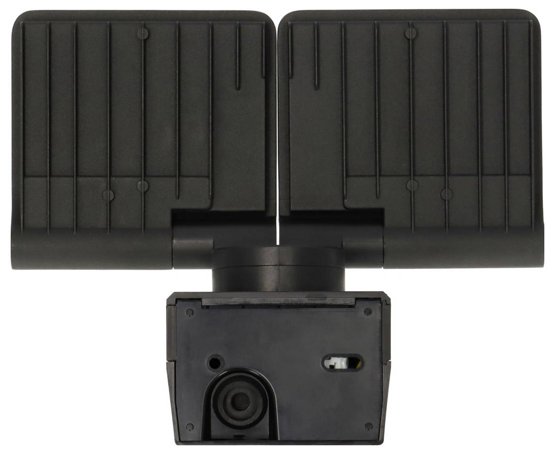 Eine schwarze Überwachungskamera mit Flutlicht und zwei verstellbaren Lichtpanels an den Seiten, konzipiert für die Heimüberwachung.