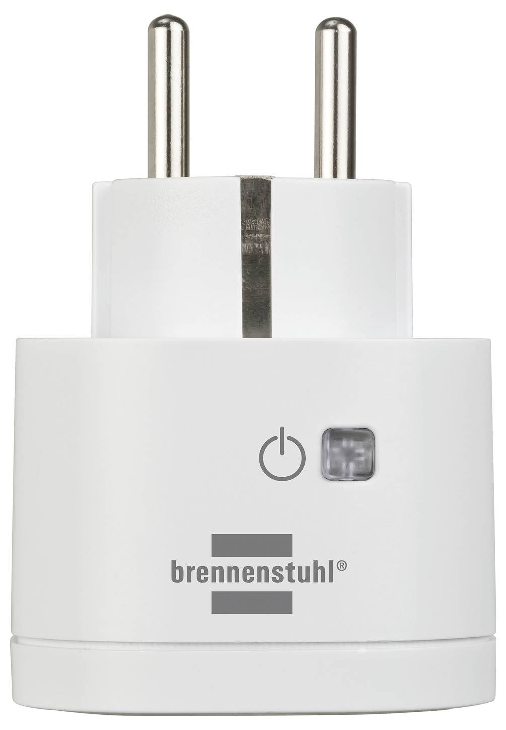 Ein weißer Smart Plug mit Powerknopf und Kontrollleuchte, mit der Markenbezeichnung 'brennenstuhl'.