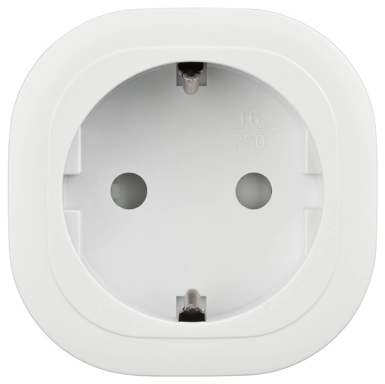 Eine weiße elektrische Steckdose mit zwei kreisrunden Öffnungen und einem Erdungsanschluss, oben rechts mit '16' und '250' beschriftet.