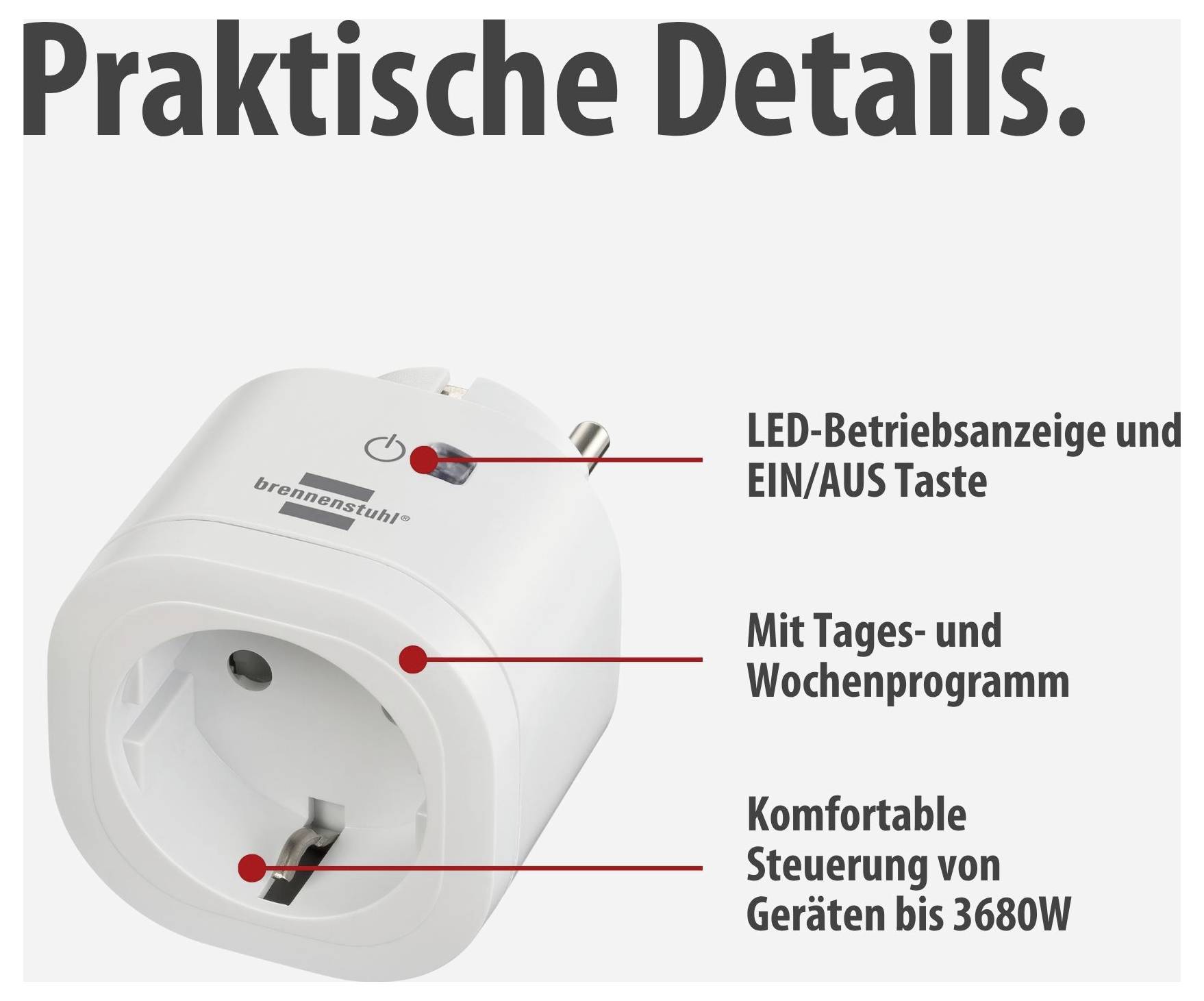 Werbegrafik eines Steckdosen-Timers mit Titel 'Praktische Details.' und Hinweisen auf LED-Betriebsanzeige, Ein/Aus-Taste, Tages- und Wochenprogramm sowie Steuerung bis 3680 W.