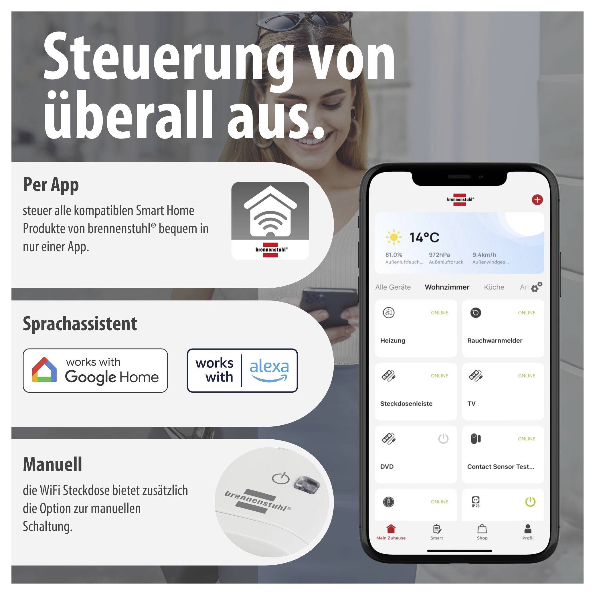 Werbung für die Smart-Home-Steuerung von brennstuhl: Smartphone-App zeigt Geräteübersicht und Raumsteuerung, mit Sprachassistenten und manueller Schaltoption.