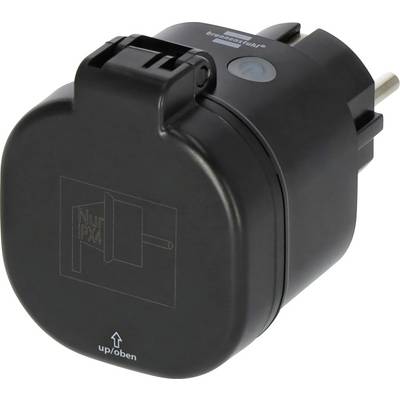 Schwarzer Brennenstuhl-Steckdosenadapter mit zwei runden Stiften und Orientierungsmarkierung "oben/up".