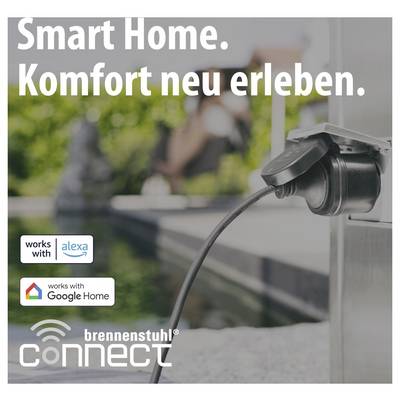 Werbebild für Smart Home: Steckdose mit eingestecktem Stecker, Text 'Smart Home. Komfort neu erleben.', Logos für Alexa und Google Home sowie 'brennenstuhl connect'.