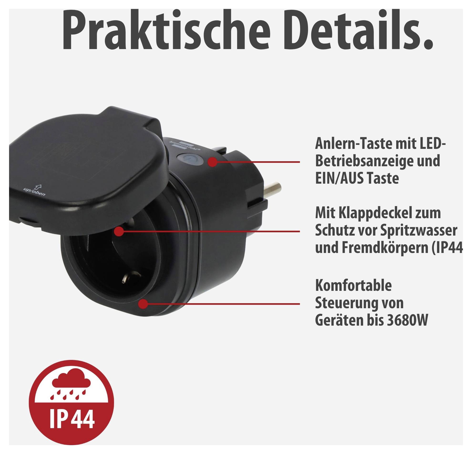 Schwarzer IP44-Adapter mit Klappdeckel und Ein/Aus-Taste; Anlern-Taste mit LED, geeignet zur Steuerung von Geräten bis 3680 W.<br>