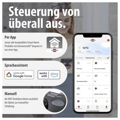 Werbegrafik für Smart-Home-Steuerung per App, Sprachassistent oder manuell; zeigt eine Smartphone-App und Kompatibilität mit Google Home und Alexa.