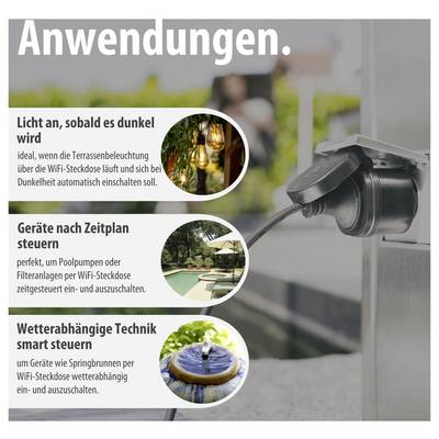 Infografik 'Anwendungen' zu einer WiFi-Steckdose: Licht bei Dunkelheit, Geräte zeitgesteuert und wetterabhängig schalten.
