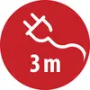 Roter Kreis mit einem weißen Stecker-Symbol und '3 m', was eine Kabellänge von 3 Metern darstellt.