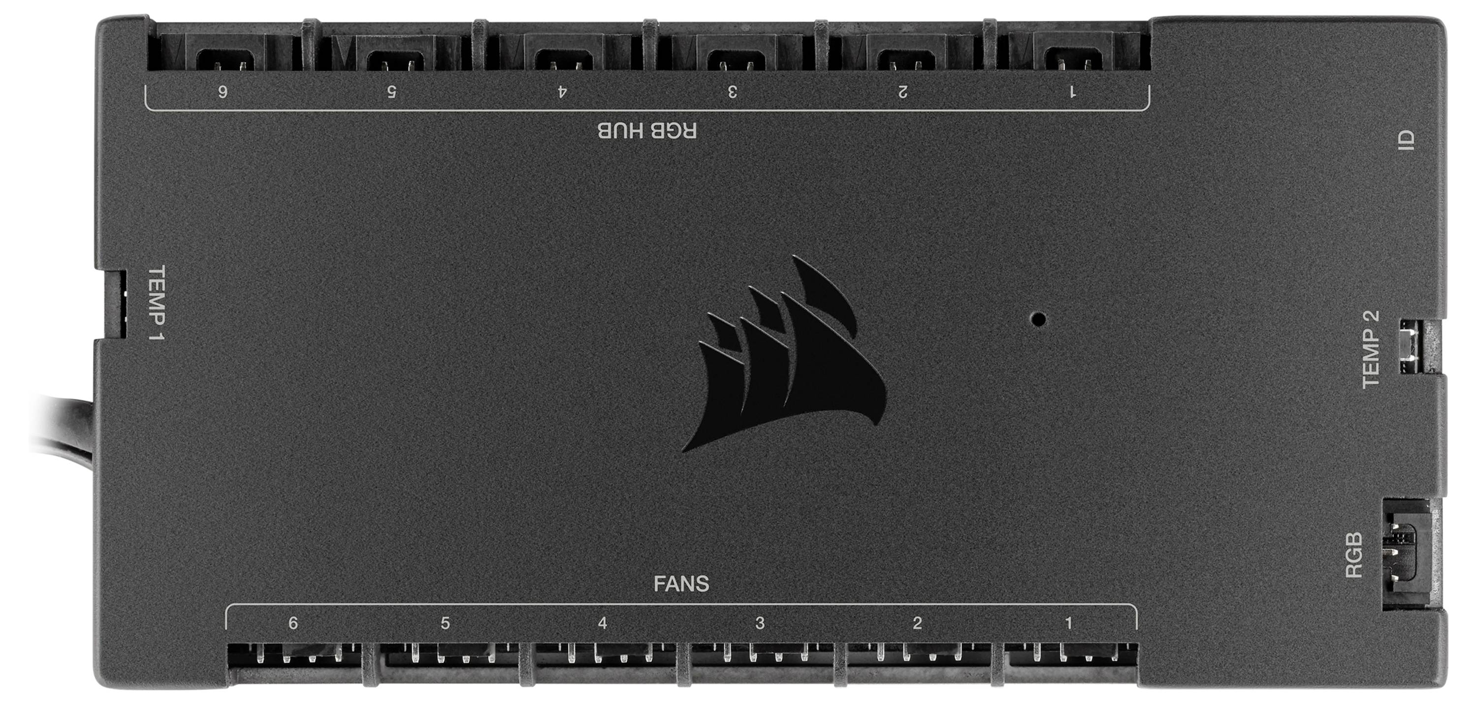 Lüfter- und RGB-Hub, beschriftet mit 'TEMP 1', 'FANS', 'RGB', mit mehreren Anschlussports, dargestellt mit einem zentralen Logo.