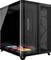 Ein schwarzes Computergehäuse mit transparentem Seitenfenster, das interne RGB-Beleuchtung und Kühlventilatoren präsentiert, entwickelt für Gaming oder Hochleistungsrechnen.