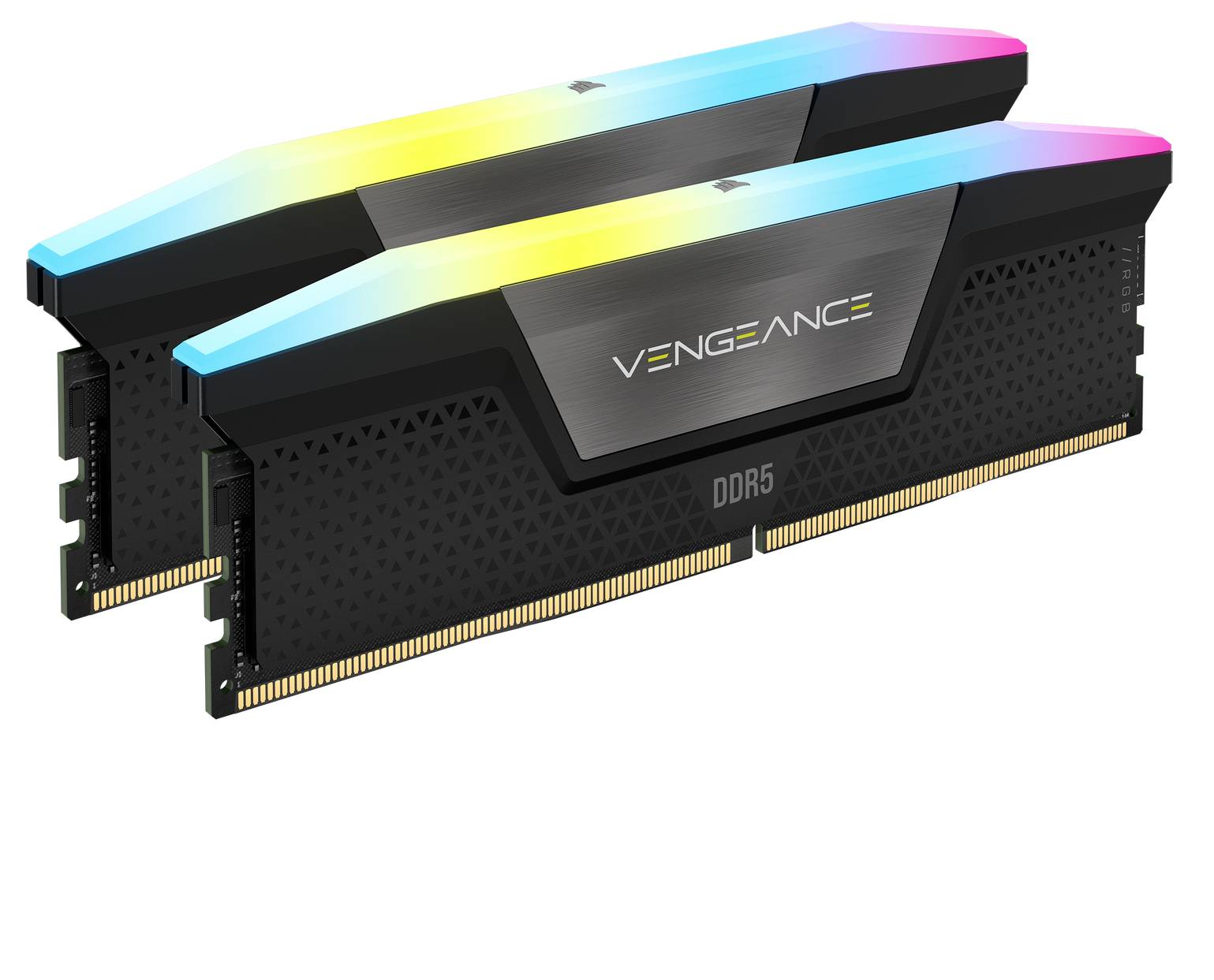 Zwei Corsair Vengeance DDR5 RAM-Riegel mit schwarzen Heatspreadern und anpassbaren RGB-Beleuchtungsakzenten, nebeneinander platziert.