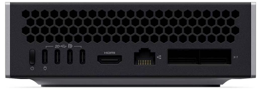 Rückansicht eines kompakten elektronischen Geräts, das mehrere Anschlüsse zeigt, darunter USB-C, HDMI, Ethernet und Stromanschluss, mit einer Mesh-Oberflächengestaltung.