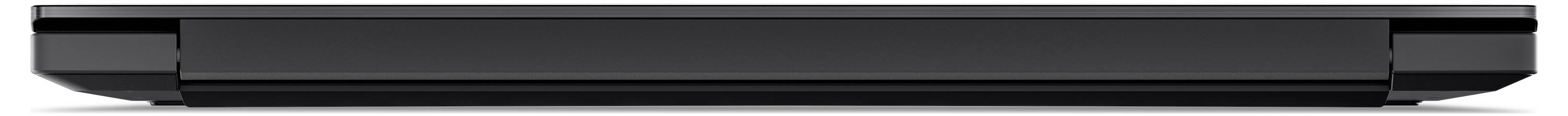 Ein geschlossener schwarzer Laptop, von vorne betrachtet, der sein schlankes Profil und minimalistisches Design zur Geltung bringt.