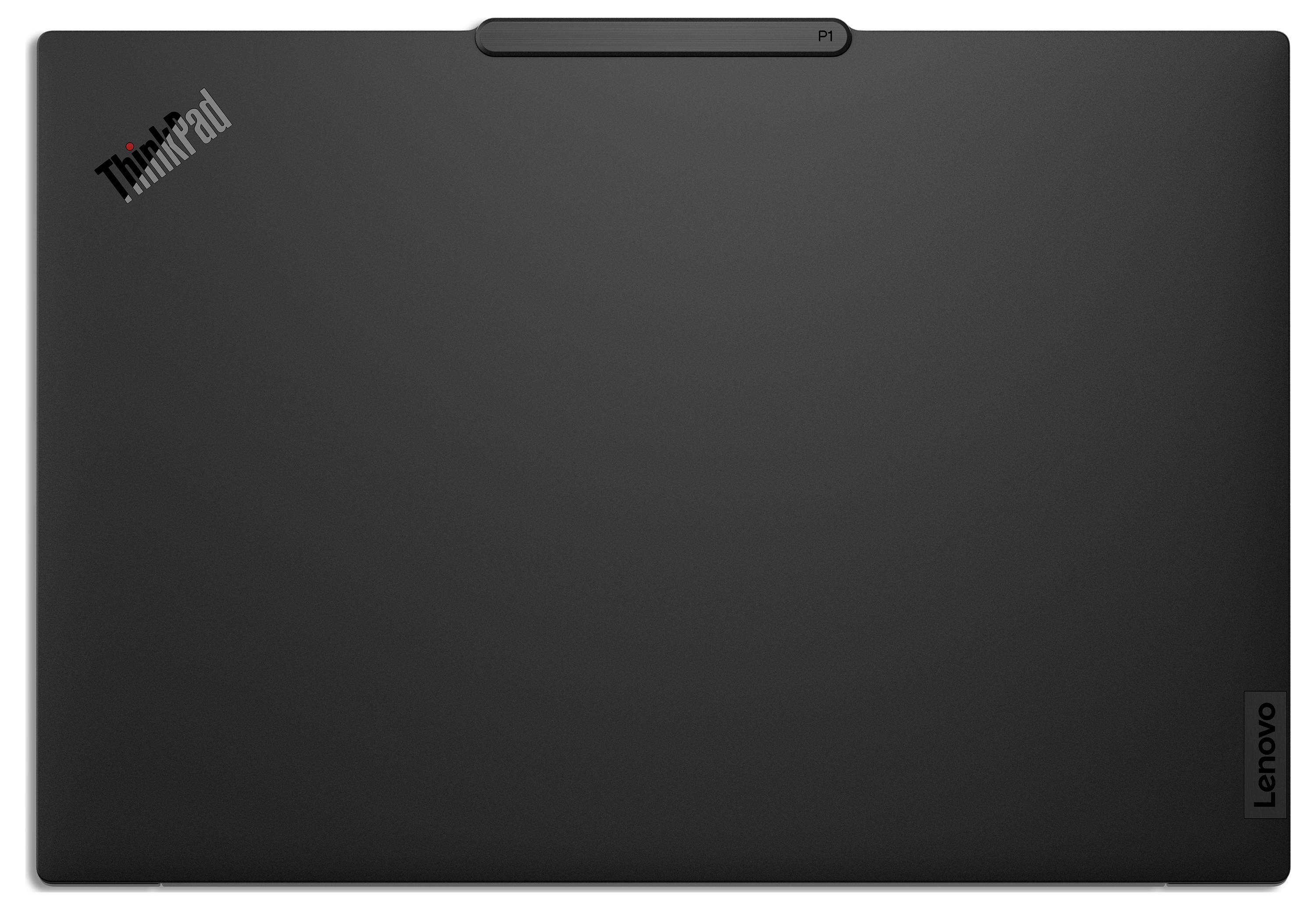 Geschlossener schwarzer Lenovo-Laptop mit 'ThinkPad'-Logo in der oberen linken Ecke.