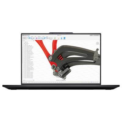 Ein Laptopbildschirm zeigt eine 3D-CAD-Software-Oberfläche mit einem detaillierten Modell eines mechanischen Federsystems, das rote und schwarze Komponenten aufweist.