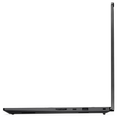 Eine elegante Seitenansicht eines geöffneten, ultra-dünnen schwarzen Laptops mit sichtbaren Anschlüssen, die sein schlankes Design zur Geltung bringt.