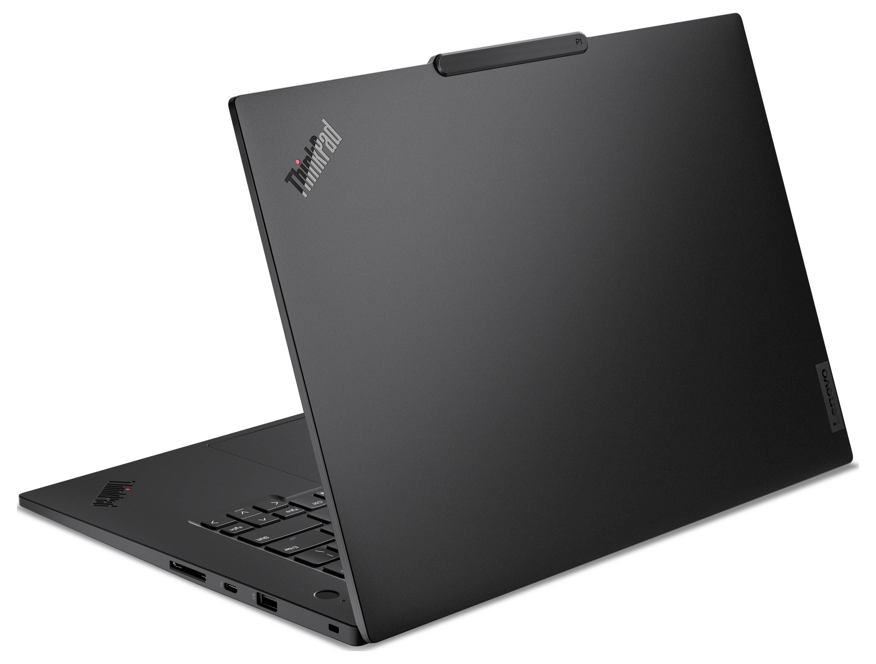Ein schwarzer Laptop, halb geöffnet, der das ThinkPad-Logo auf dem Deckel zeigt. Er ist in einem Winkel positioniert, wobei Tastatur und Anschlüsse sichtbar sind.