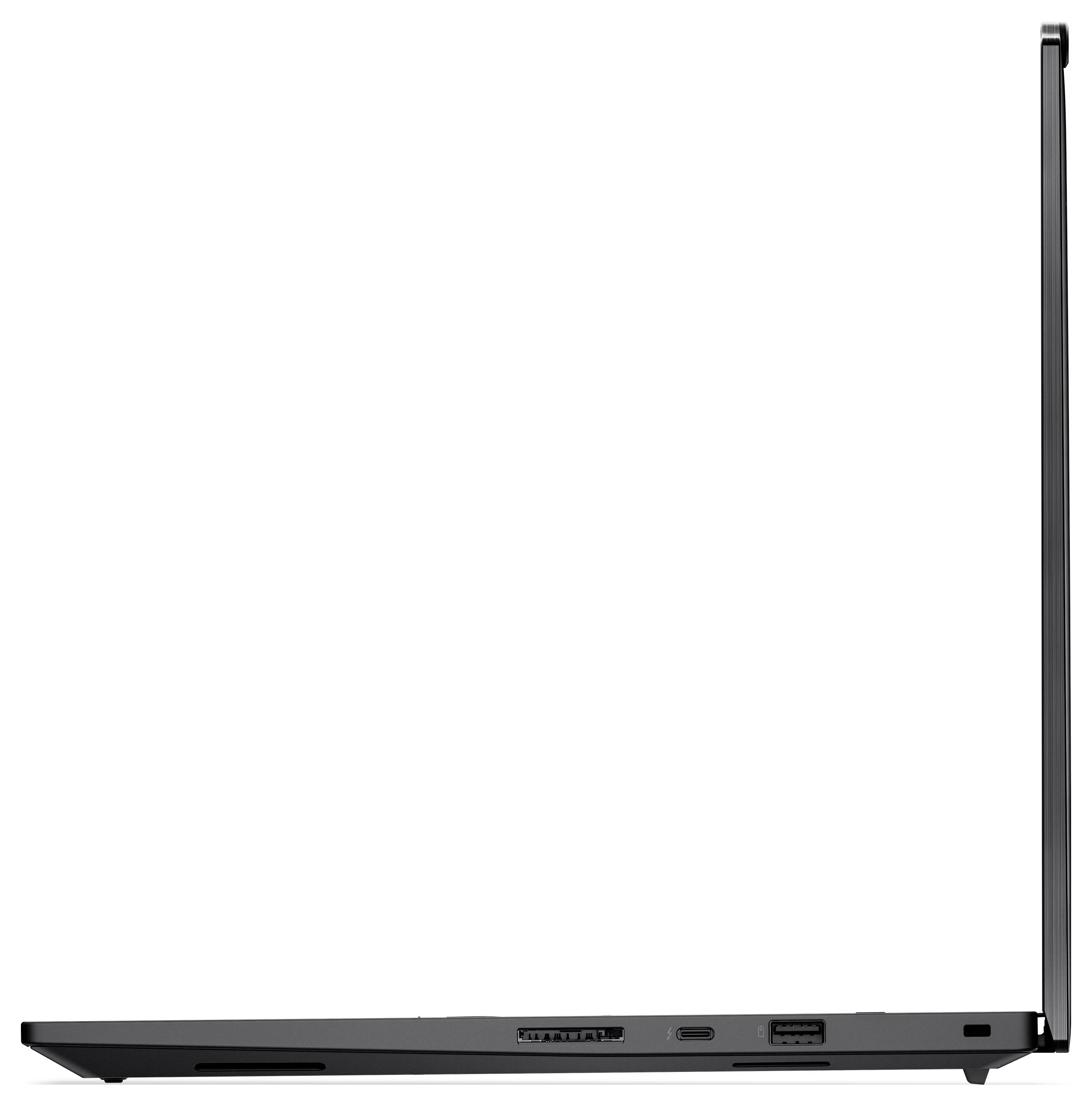 Ein Laptop wird in einer Seitenansicht gezeigt, geöffnet mit dem Bildschirm aufrecht gewinkelt. Das Design ist schlank und minimalistisch, mit sichtbaren Anschlüssen an der Seite.