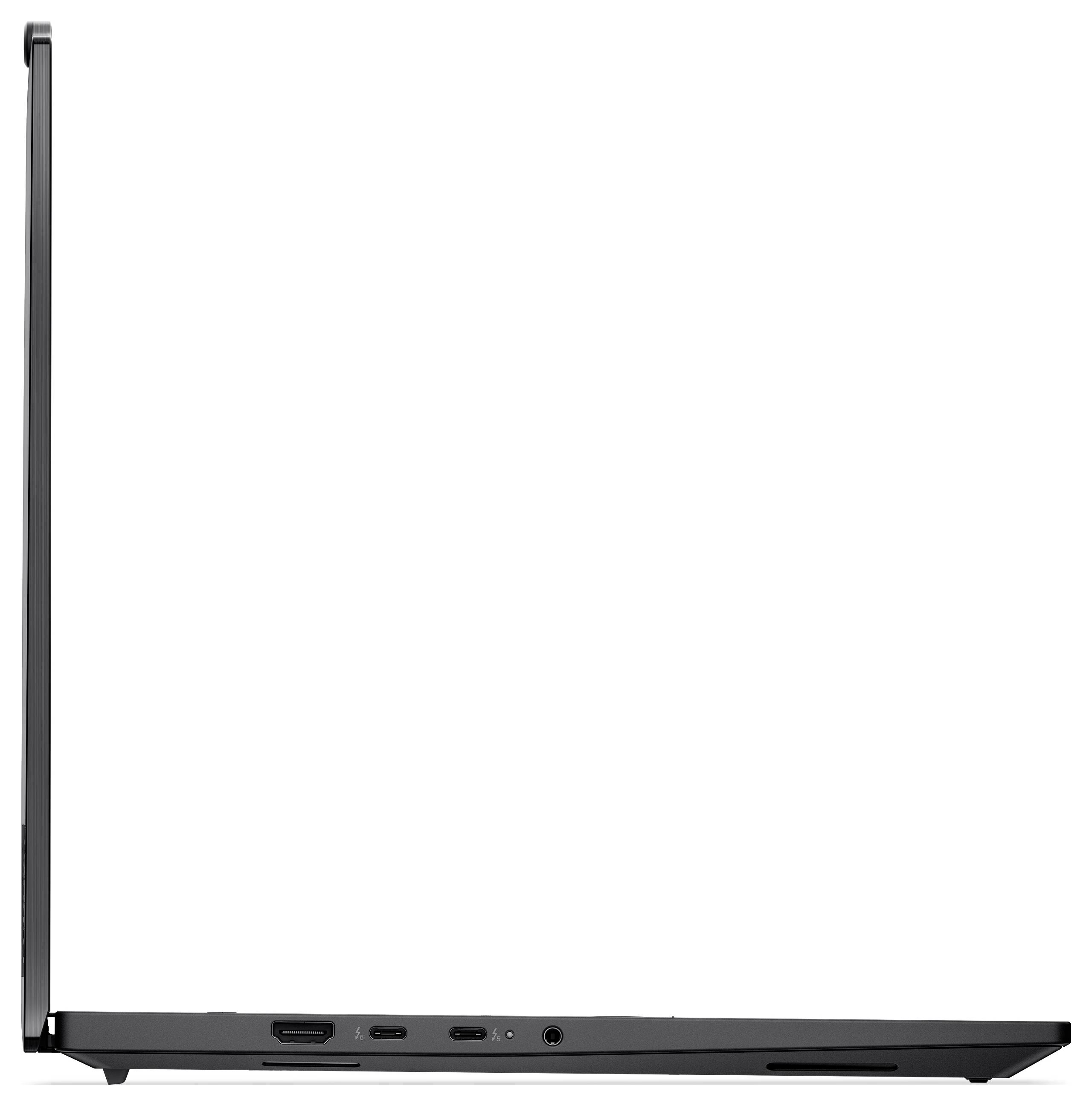 Eine Seitenansicht eines geöffneten Laptops, die seinen dünnen Profil zeigt, mit mehreren Anschlüssen wie HDMI, USB-C, USB-A, einem Audioeingang und elegantem Design.
