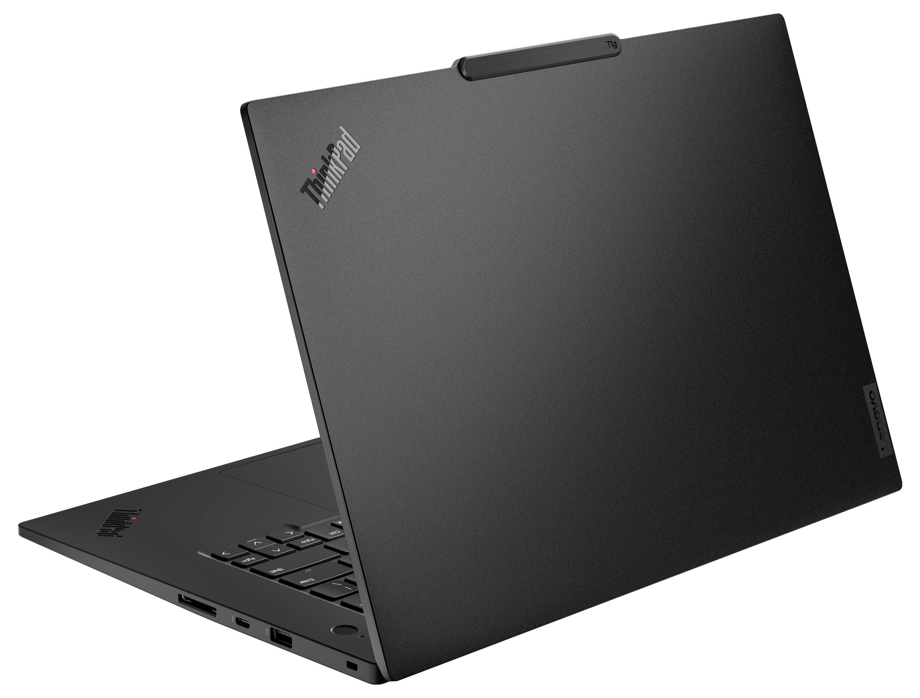 Ein schwarzer Laptop mit teilweise geöffnetem Deckel, auf dem im oberen linken Eck das 'ThinkPad' Logo zu sehen ist.