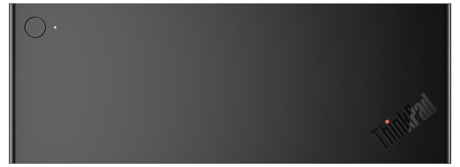 Das Bild zeigt die Rückseite eines schlanken, schwarzen Laptops mit einem kreisrunden Einschaltknopf und einer kleinen LED-Anzeige, auf der das 'ThinkPad' Logo zu sehen ist.