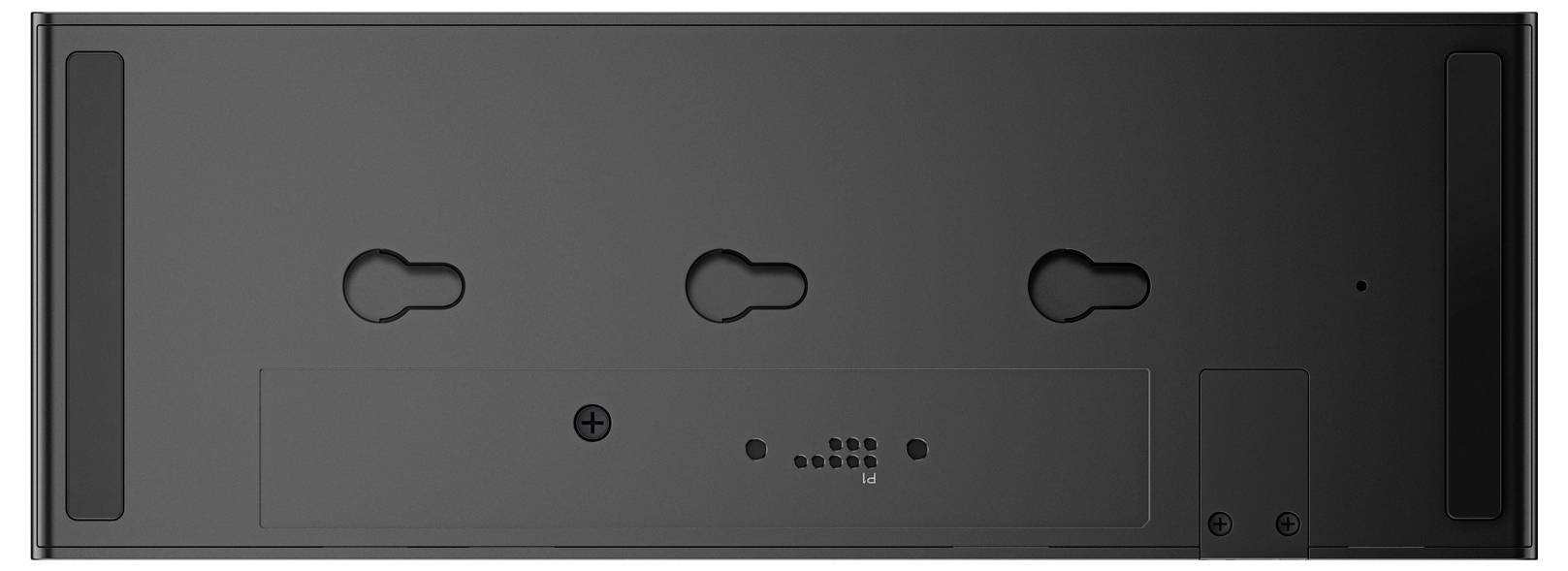 Rückansicht eines flachen schwarzen Geräts mit drei Wandmontage-Aussparungen und verschiedenen kleinen Löchern für Anschlüsse oder Belüftung.