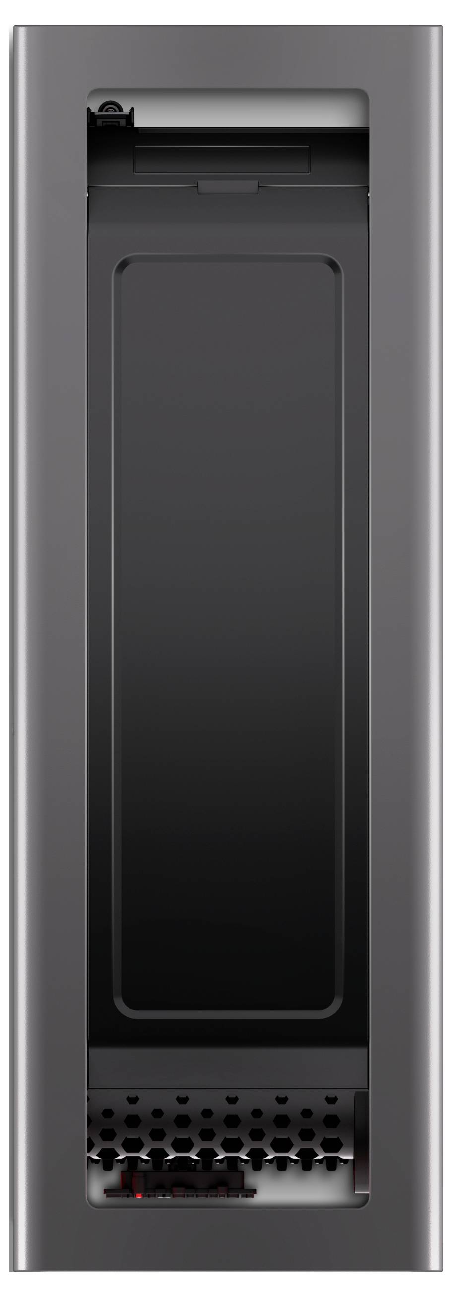 Ein hoher, schlanker, schwarz-grauer Apparat mit einem dunklen rechteckigen Frontpanel und einem gelochten Abschnitt am unteren Ende zur Belüftung.