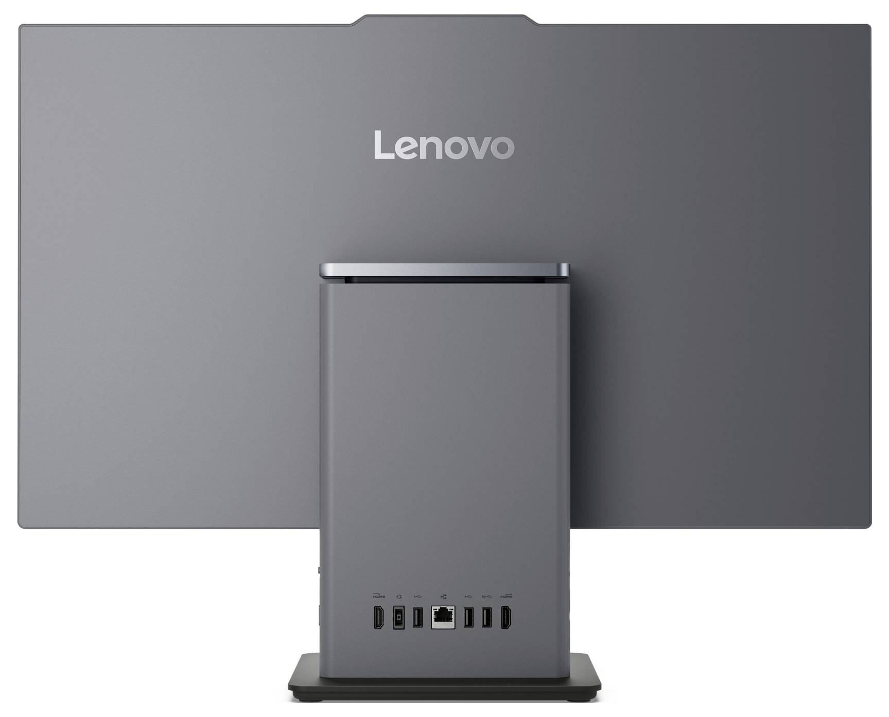 Rückansicht eines Lenovo-Desktopcomputers, die seinen Ständer und die hinteren Anschlüsse zeigt. Das Logo 'Lenovo' ist prominent am oberen Rand platziert.
