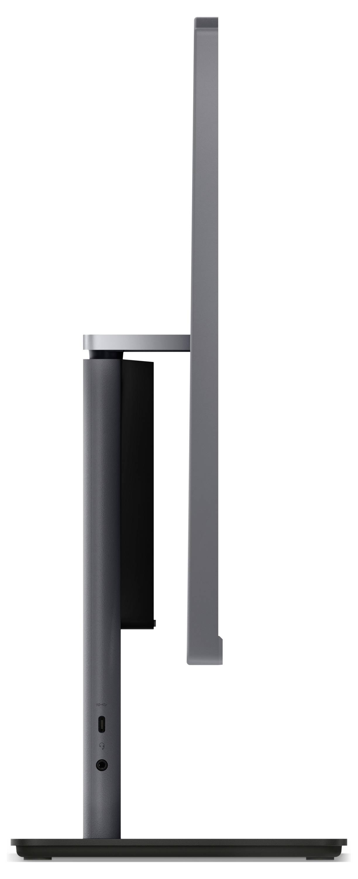 Seitenansicht eines schlanken, modernen Computermonitors mit flachem Bildschirm und minimalistischem Ständer.