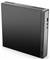 Ein schlanker, schwarzer Lenovo ThinkCentre Desktop-Computer, von einem leichten Winkel aus betrachtet, mit sichtbarem Lenovo-Logo und verschiedenen Anschlüssen auf der rechten Seite.