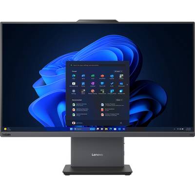 Ein Desktop-Monitor, der ein Windows-Betriebssystem zeigt, mit geöffnetem Startmenü, das Anwendungssymbole und einen blauen Spiraltapetenhintergrund präsentiert.