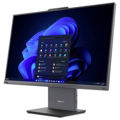 Ein Computermonitor zeigt den Windows 11-Desktop mit dem geöffneten Startmenü, auf dem verschiedene Anwendungssymbole auf einem Lenovo-Ständer präsentiert werden.