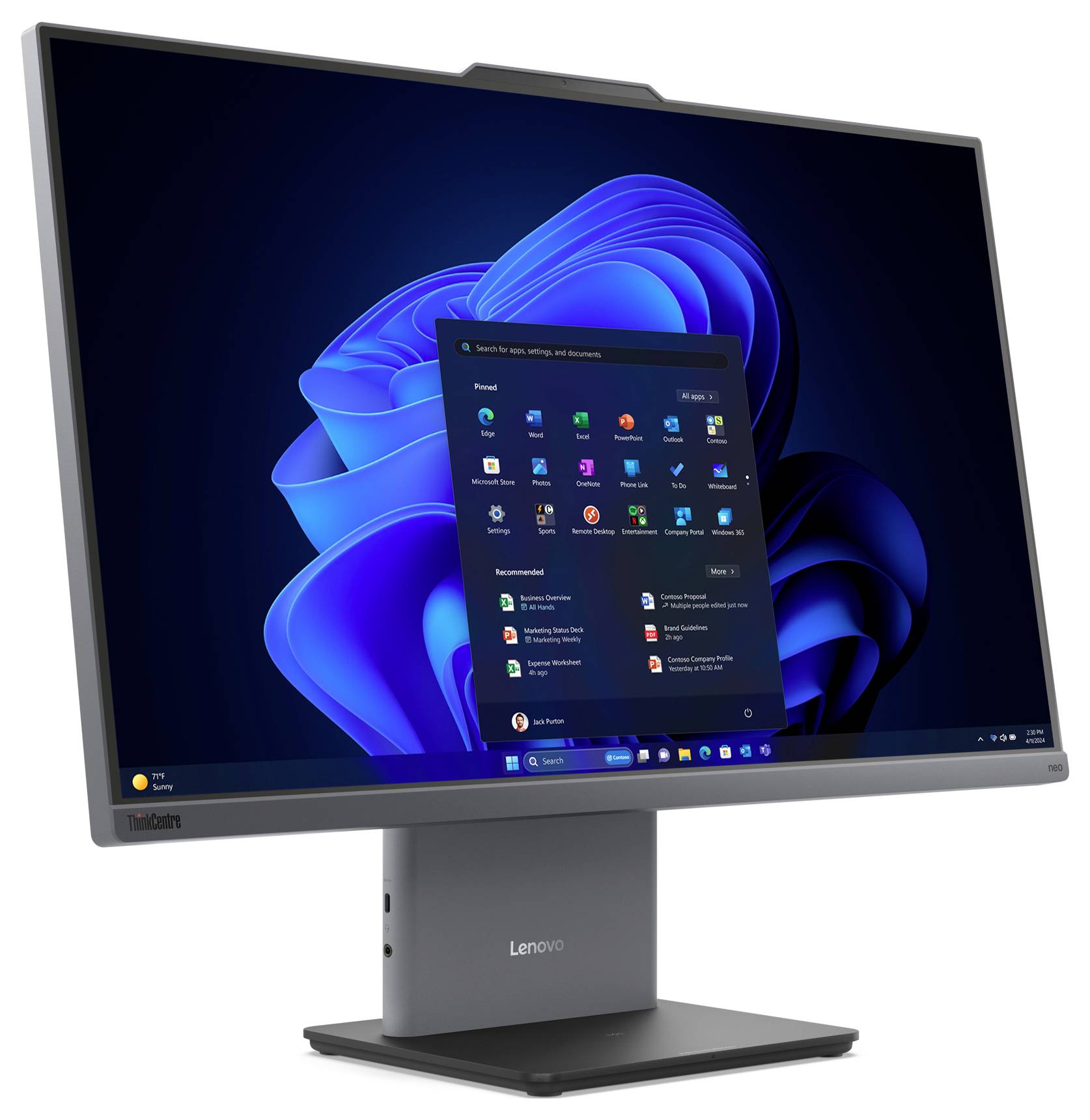 Ein Desktop-Monitor, der das Windows 11 Startmenü mit verschiedenen App-Symbolen vor einem blauen abstrakten Hintergrund zeigt.