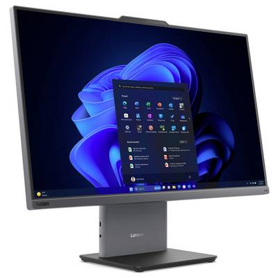 Ein Desktop-Monitor, der das Windows 11 Startmenü mit verschiedenen App-Symbolen vor einem blauen abstrakten Hintergrund zeigt.