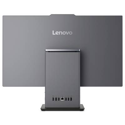 Rückansicht eines Lenovo-Monitors mit einem grauen Ständer, mehrere USB-Anschlüsse und HDMI-Verbindungen am unteren Rand sichtbar.