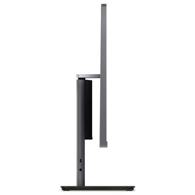 Eine Seitenansicht eines dünnen Computermonitors mit modernem Design, ausgestattet mit einem schlanken Ständer und minimalem Rahmen.