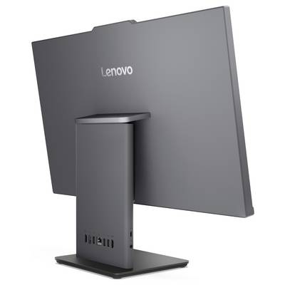Rückansicht eines Lenovo-Monitors auf einem Ständer, die die Anschlüsse an der Basis zeigt. Der Bildschirm ist leer und leicht geneigt.