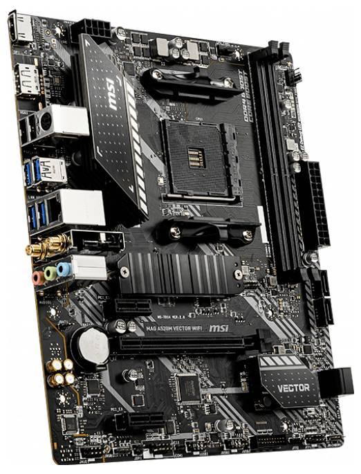 Ein MSI MAG A520M Vector WIFI Motherboard, das verschiedene Anschlüsse wie USB, Audio und PCIe-Steckplätze präsentiert, entwickelt für den Computeraufbau.