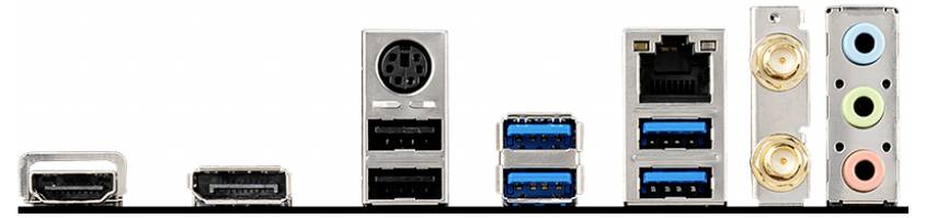 Anschlüsse der Rückseite einer Computermotherboard, einschließlich HDMI, DisplayPort, USB, Netzwerk und Audioausgängen.