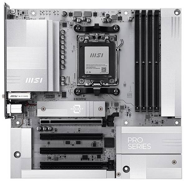 MSI Pro Series Mainboard mit mehreren PCIe-Steckplätzen, RAM-Steckplätzen, CPU-Sockel und integrierten Anschlüssen, entwickelt für High-Performance-Computing.